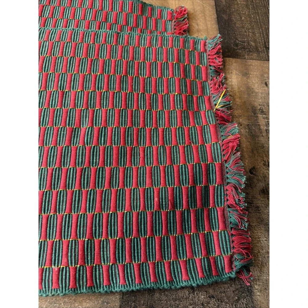 Vtg Handwoven Placemats Set of 5 Red Hunter‎ Green Metallic Gold Illusion Fringe